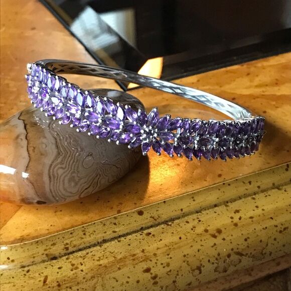 Natural African Amethyst Sterling Silver Bangle Bracelet - Picture 1 of 11